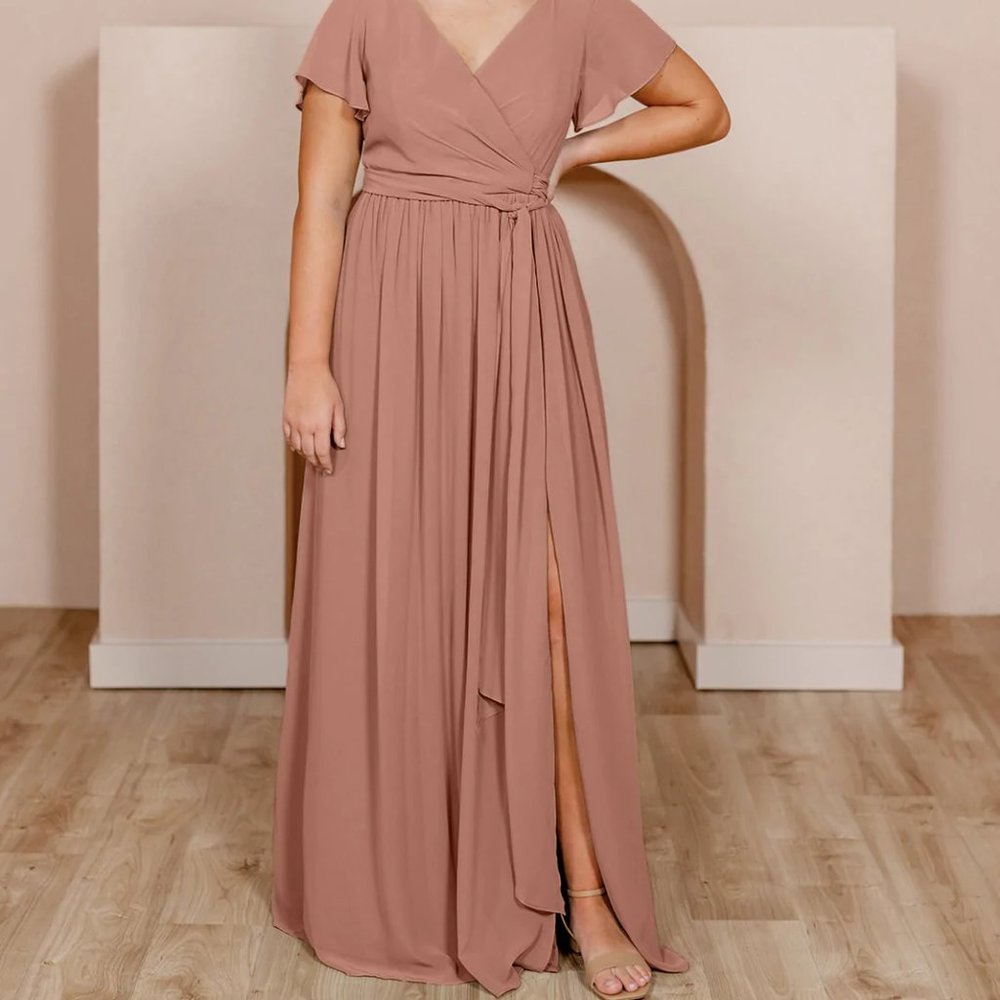 Revelry Harper Chiffon Faux Wrap Dress - Desert Rose